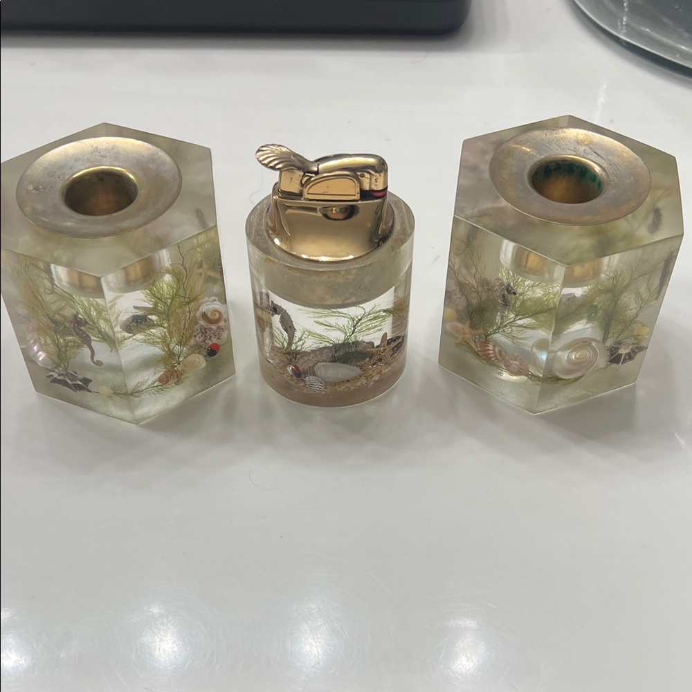 Vintage clearfloat Ocean Acrylic Candle Holders and Lighter Set